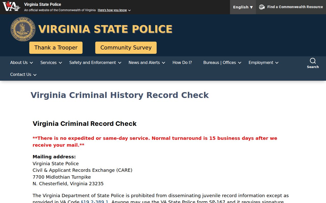 King George County criminal history SP-167 instructions